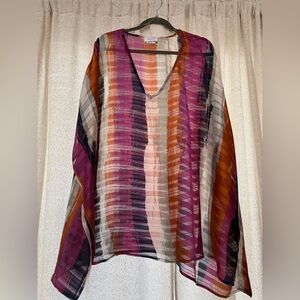 Adrienne Striped V-Neck Sheer Tunic in Magenta, Orange & Cream